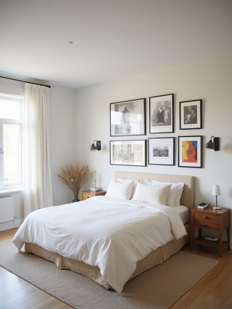 Bedroom gallery wall featuring personalized art and photos above a bed.