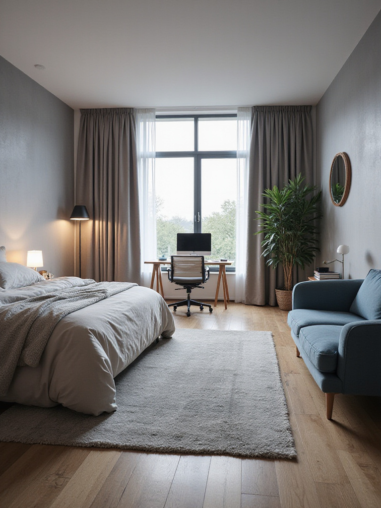 Bedroom interior design with distinct zones for sleep, work, and relaxation.