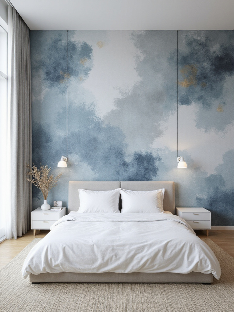 Master bedroom featuring abstract art wallpaper in shades of blue, gray, and gold.