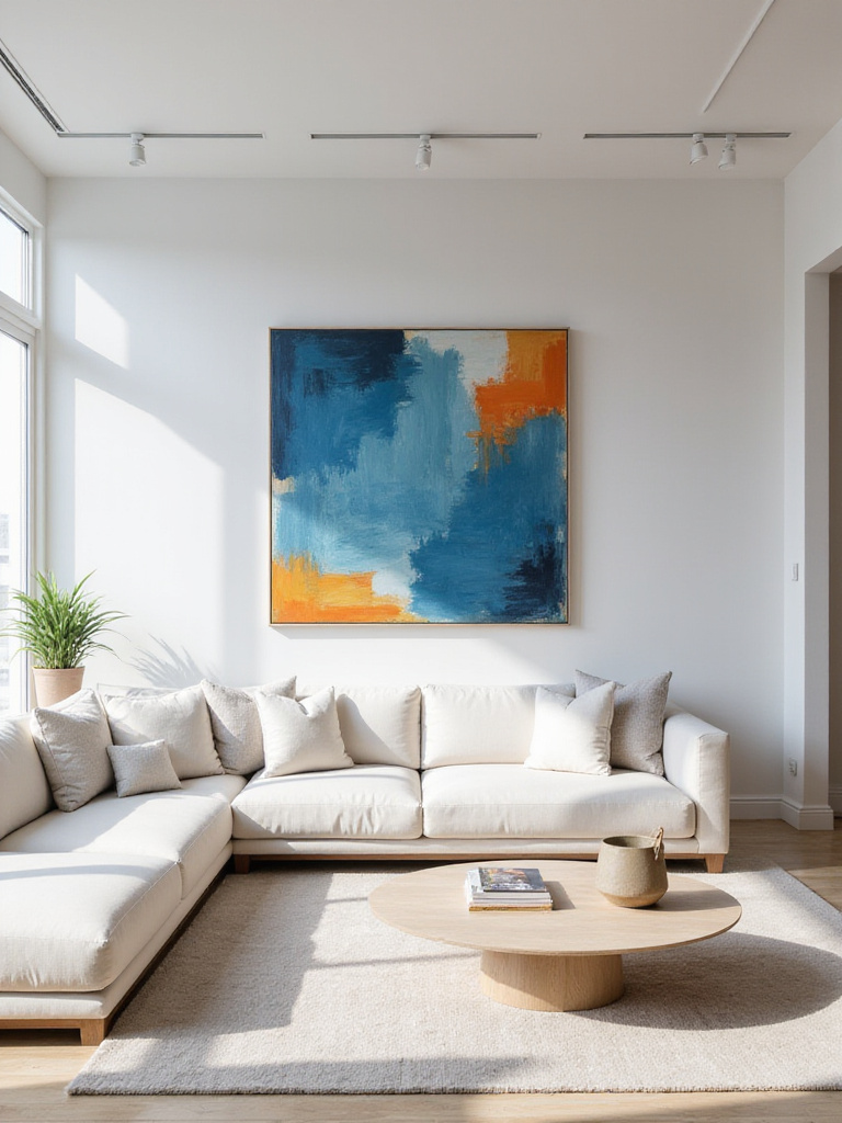 Modern living room with a bold abstract painting above a sofa.