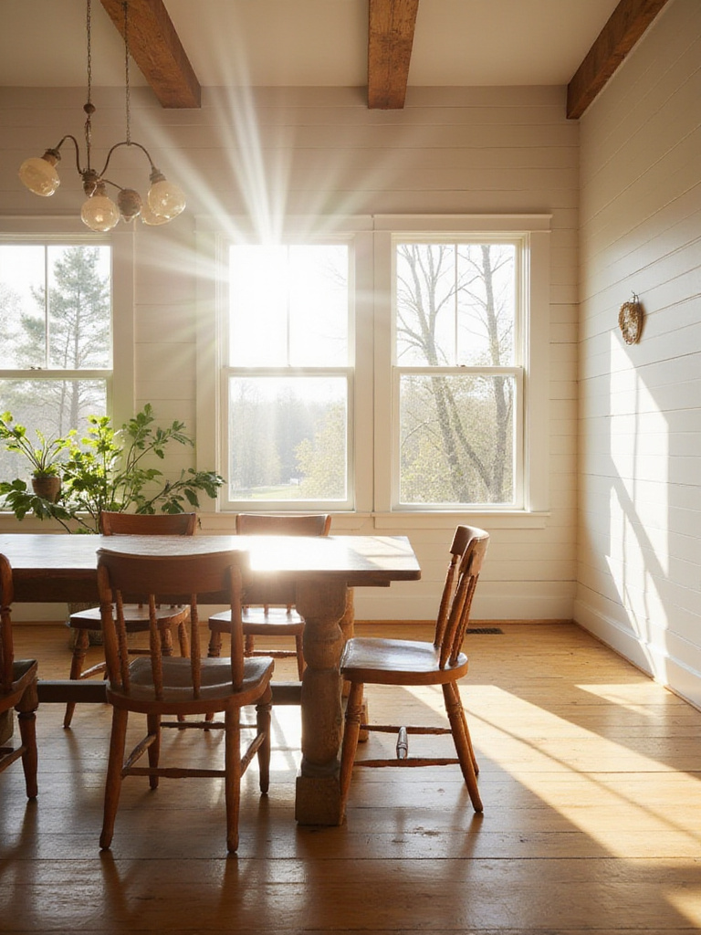 A sunlit farmhouse dining room with large windows flooding the space with natural light, highlighting a rustic wooden dining table and chairs, white walls, and a light wood floor.