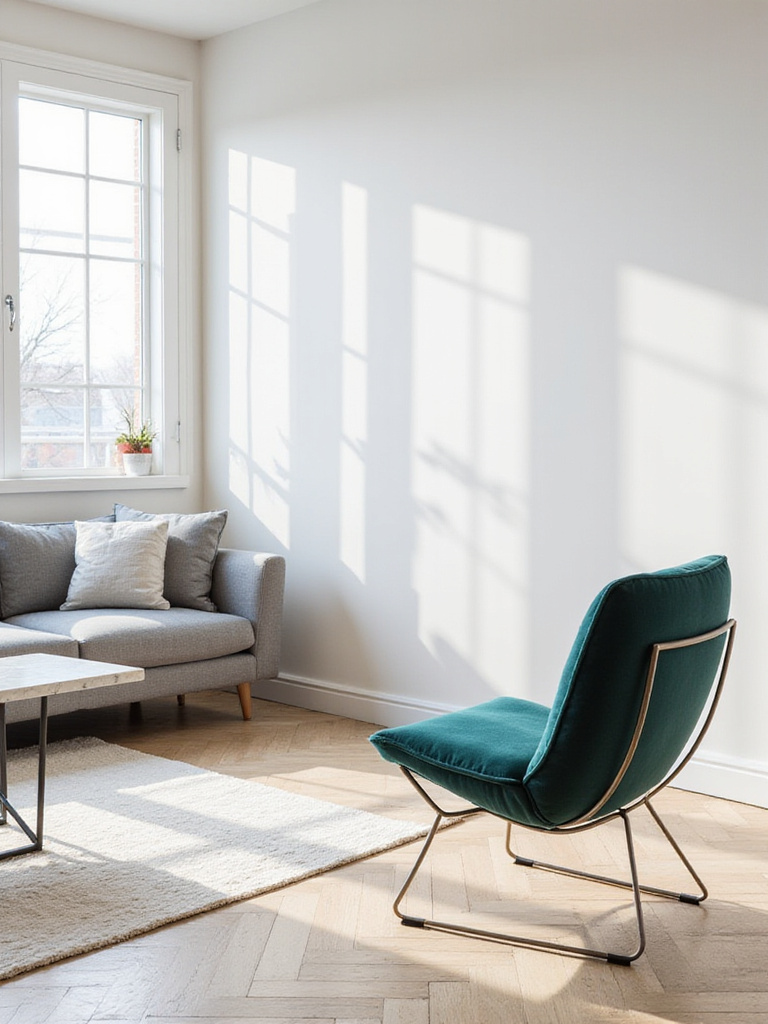 Modern living room with a grey sectional sofa and a teal velvet accent chair with a metal frame.