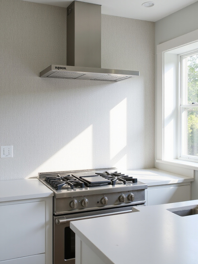 Kitchen accent wall with gray grasscloth wallpaper behind a stainless steel range hood.