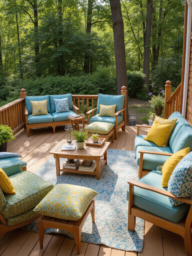 Vibrant outdoor cushions adding color and comfort to a wooden deck.
