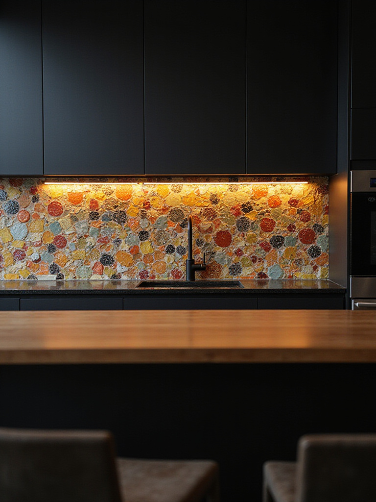 Kitchen bar backsplash featuring a colorful glass tile mosaic pattern.