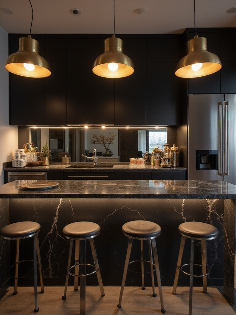 Glamorous kitchen bar design with metallic accents, including gold pendant lights and stainless steel bar stools.