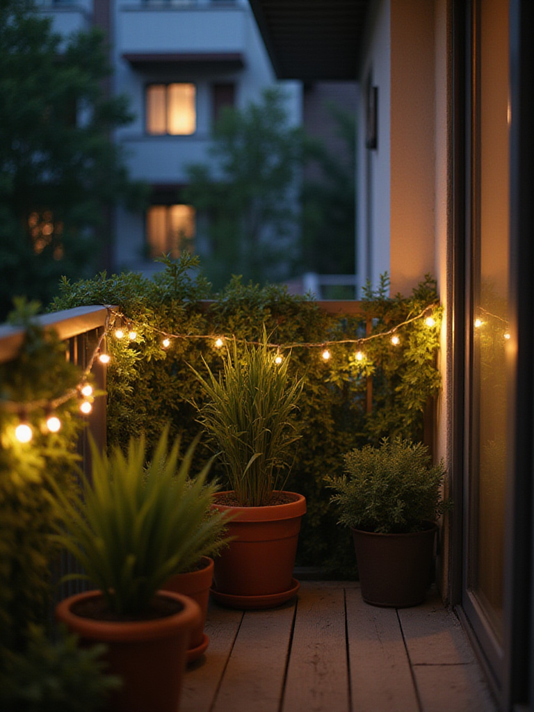 Apartment balcony decorated with fairy lights and a green garland, creating a whimsical atmosphere.