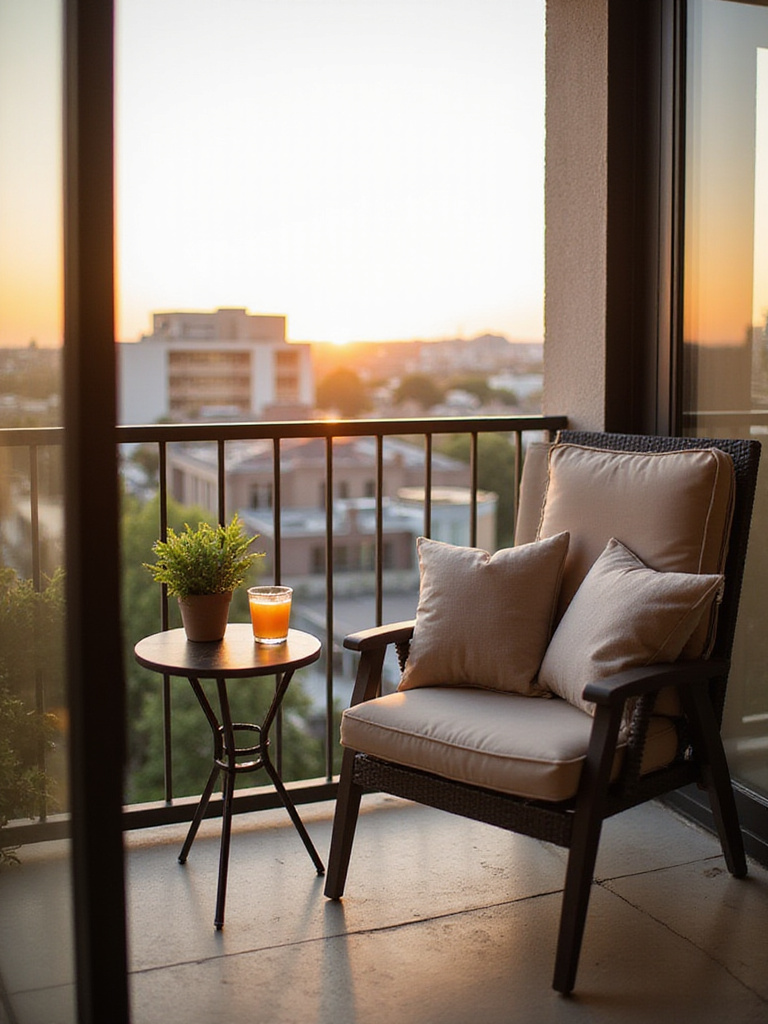 Chic balcony with a small metal side table, armchair, succulent, and iced tea.