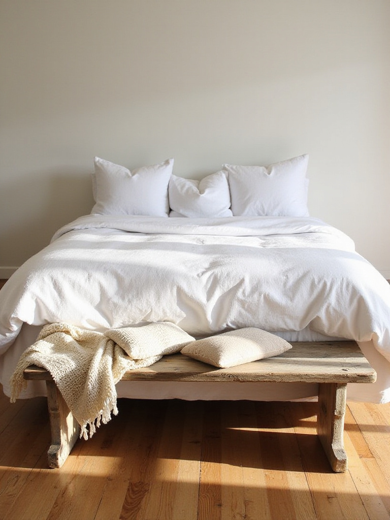 Farmhouse bedroom with white linens and a rustic wooden bench at the foot of the bed.