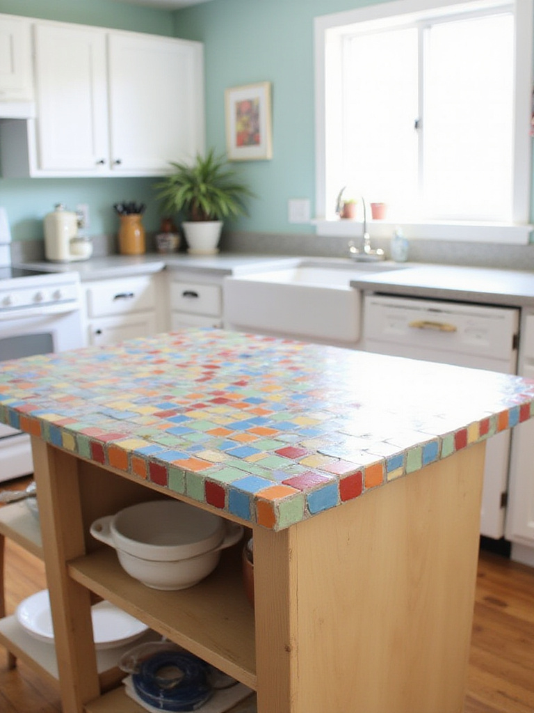 Budget kitchen island with a colorful DIY tiled countertop featuring a mosaic pattern, adding a splash of color to the kitchen.
