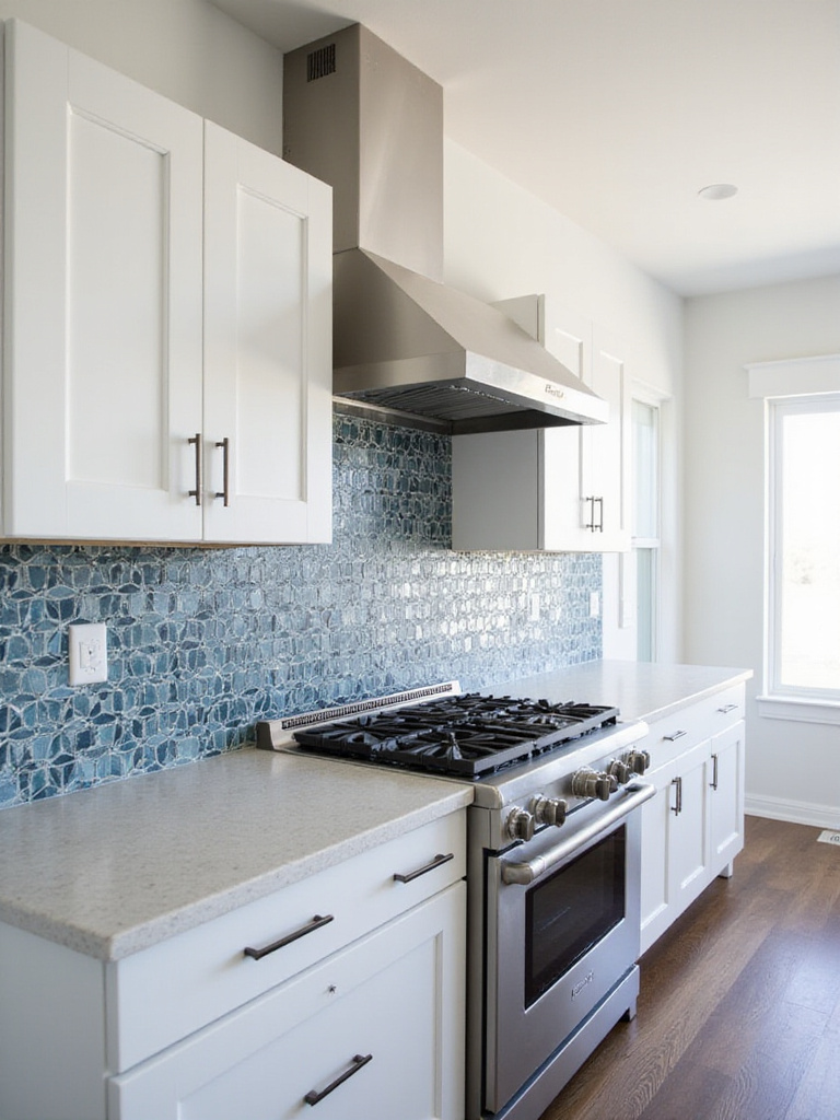 Modern kitchen with a bold blue and gray geometric tile backsplash behind a stainless steel range, showcasing how a unique backsplash adds personality.