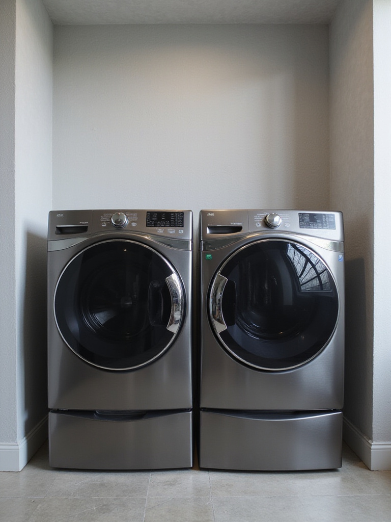 Modern graphite steel washer and dryer set in a bright laundry room