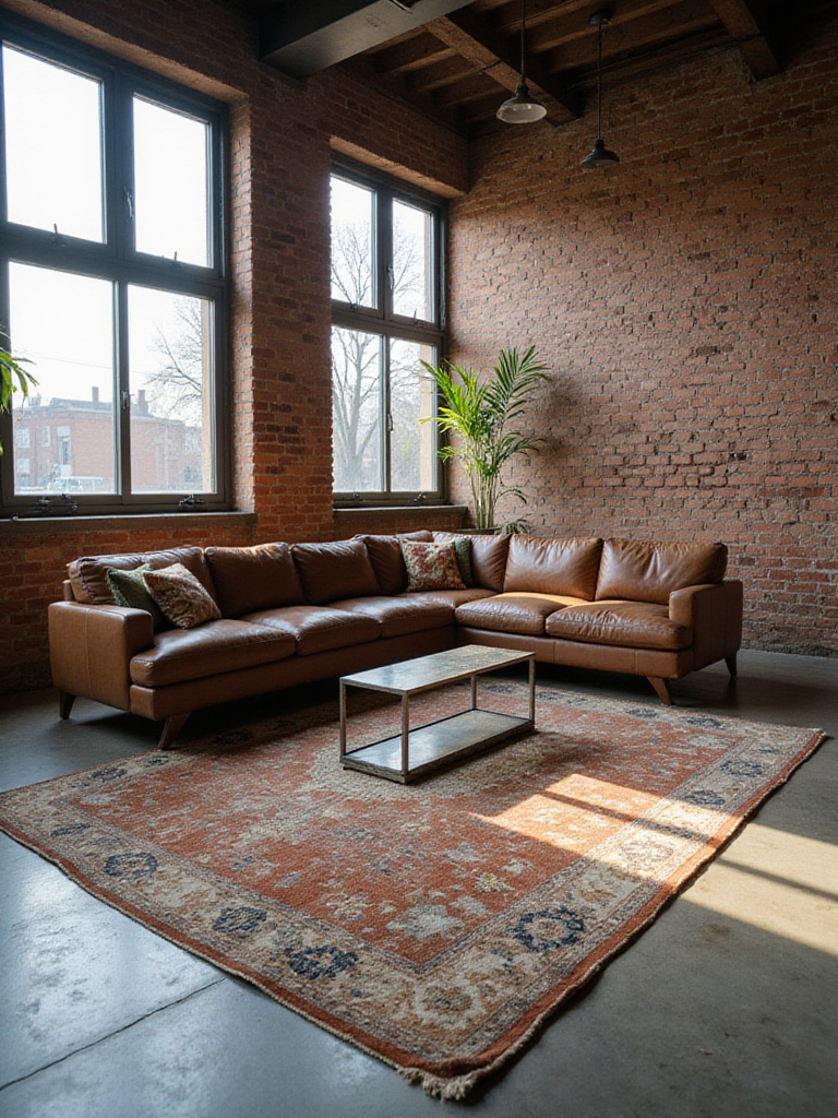Industrial living room with exposed brick, concrete floor, and a vintage area rug.