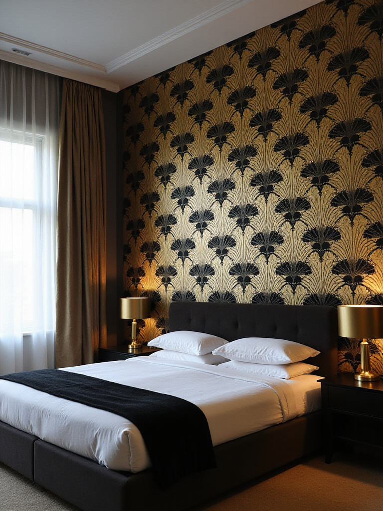 Master bedroom featuring Art Deco wallpaper with a gold and black geometric fan pattern.