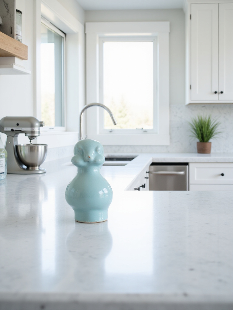 Modern kitchen countertop with a small blue ceramic sculpture adding an artful touch.