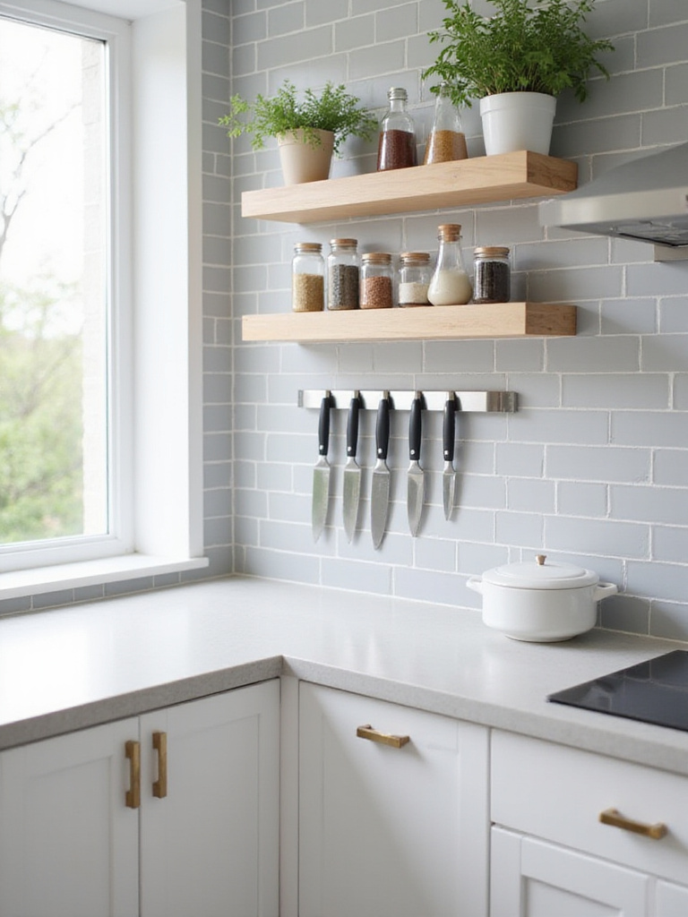 Small kitchen featuring a light grey subway tile backsplash with a stainless steel magnetic knife strip and light wood floating shelves holding herbs and spices.
