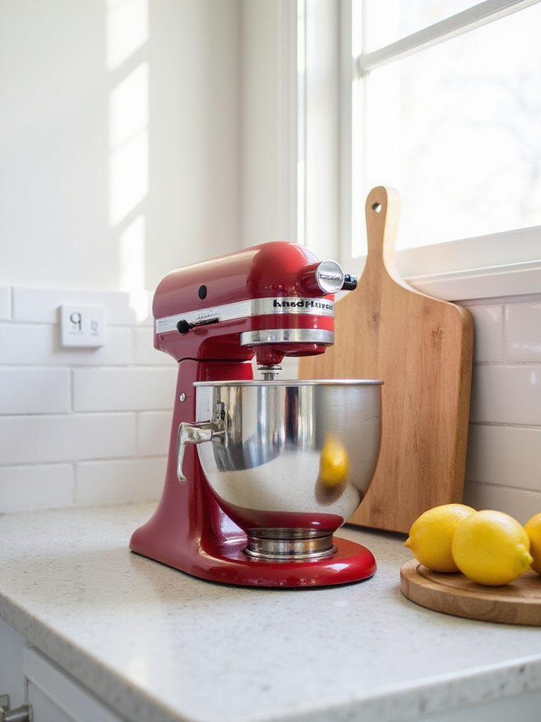 Cherry red stand mixer on a granite kitchen countertop, decorated with lemons.