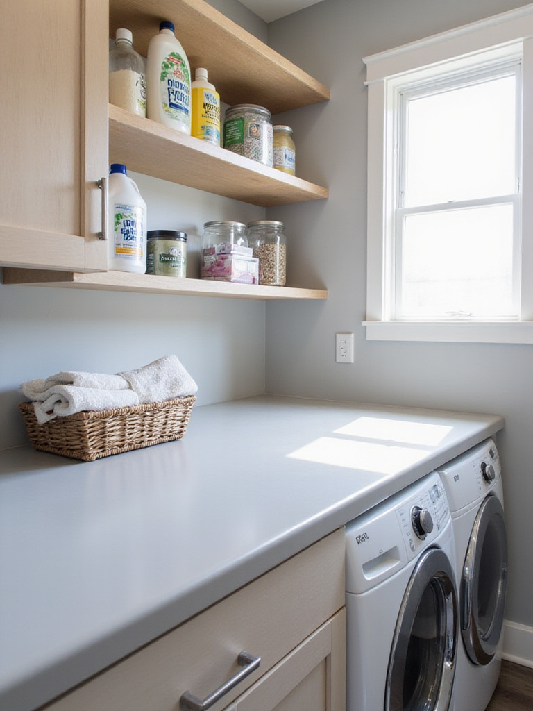 Organized and decluttered laundry room with shelving and clear storage containers