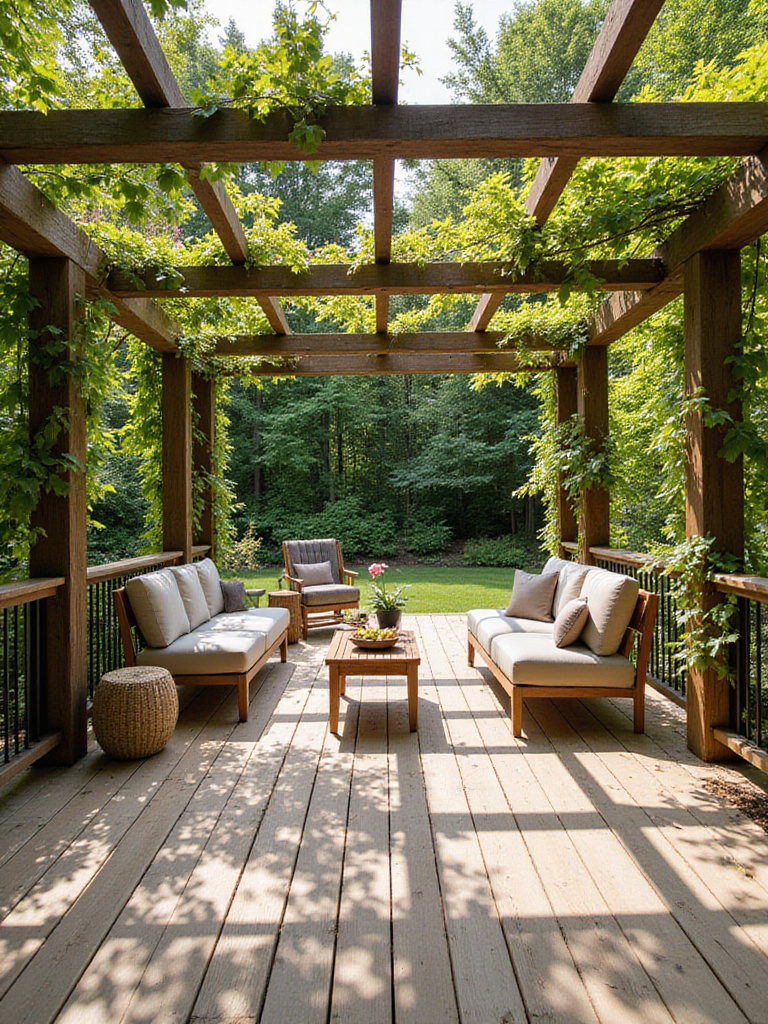 Deck with pergola and climbing vines providing shade