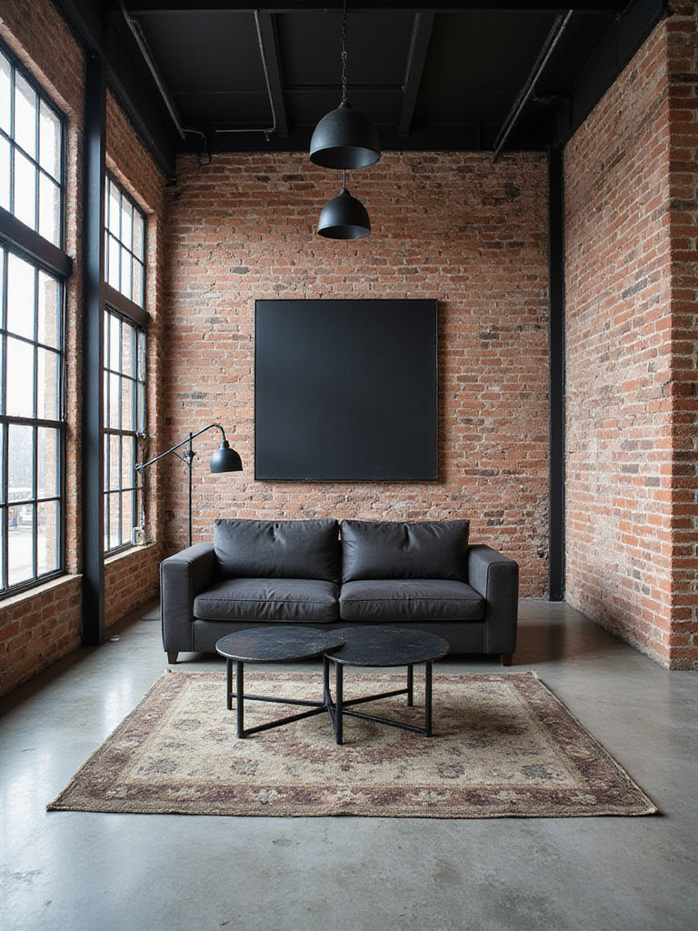 Industrial living room design featuring black accents, exposed brick, and concrete floors.