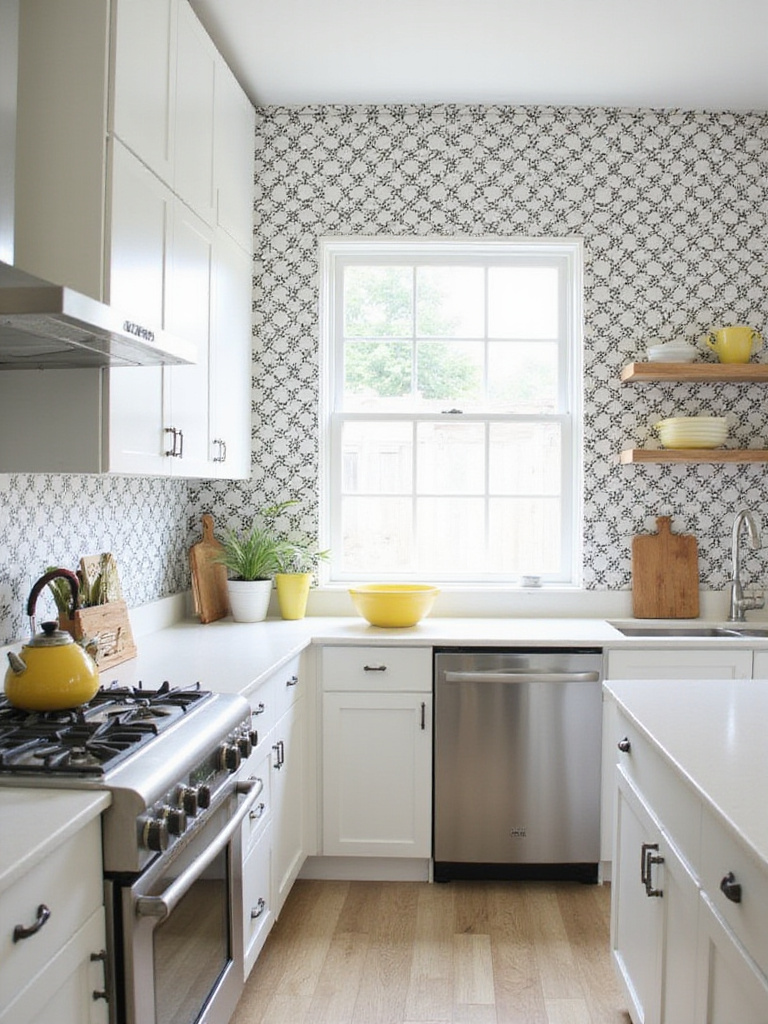 Modern kitchen with black and white geometric wallpaper