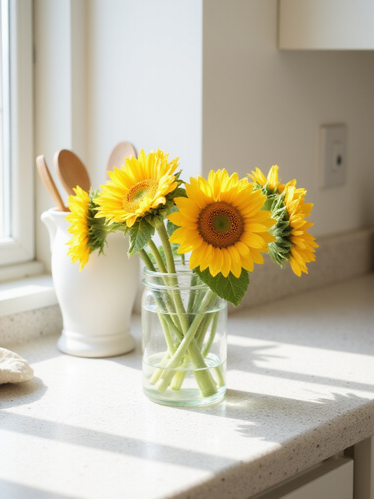 Vase of sunflowers on kitchen countertop