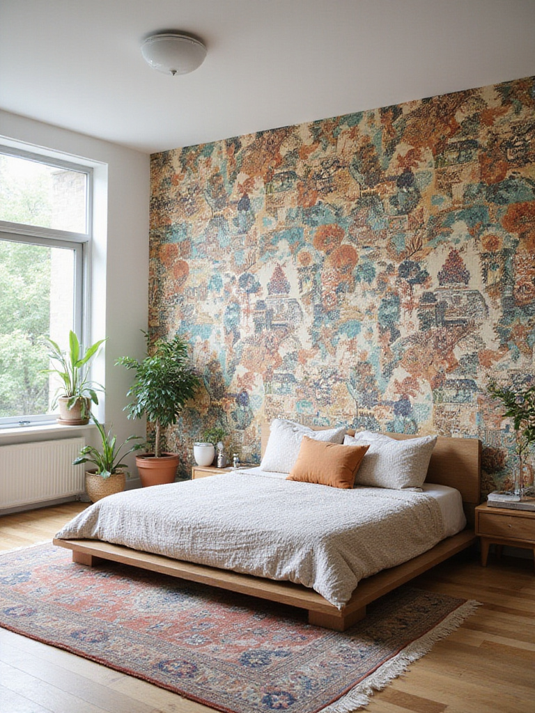Master bedroom with bohemian chic wallpaper featuring eclectic prints