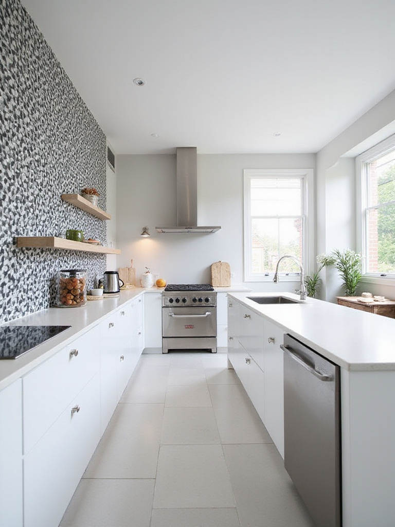 Modern kitchen with bold geometric black, white, and gray wallpaper accent wall.