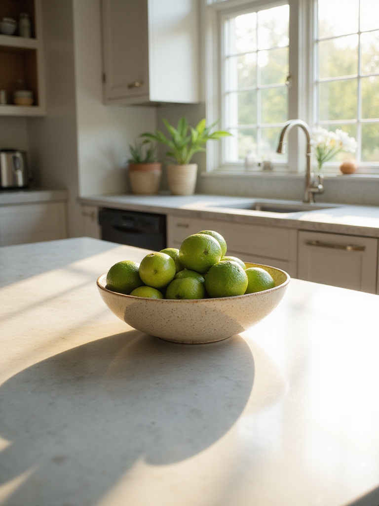 Speckled beige ceramic bowl filled with green limes on a light grey quartz kitchen countertop