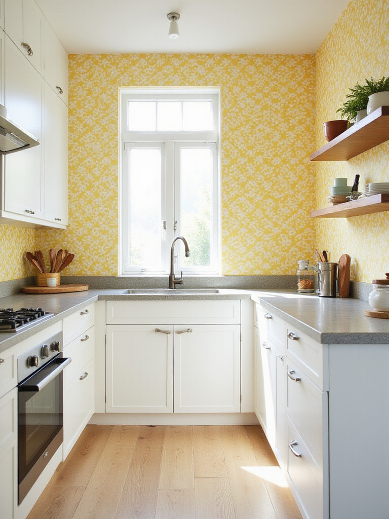 Bright kitchen with yellow geometric wallpaper accent wall