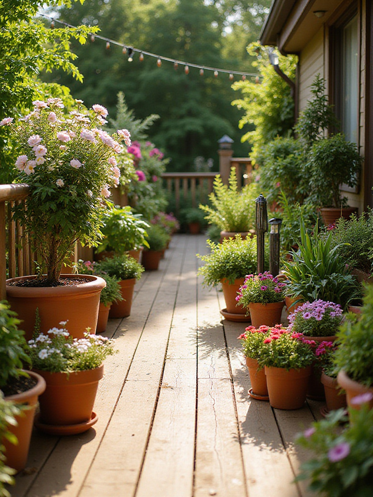 Deck decorated with a variety of potted plants.