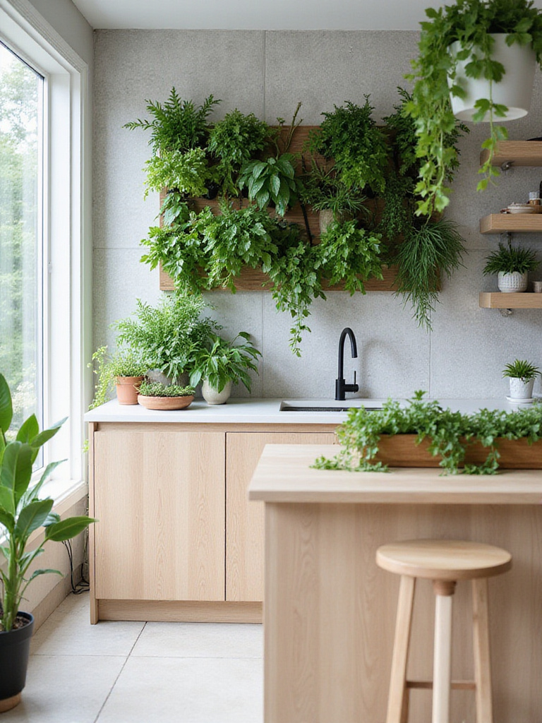 Kitchen bar with indoor plants and greenery accents