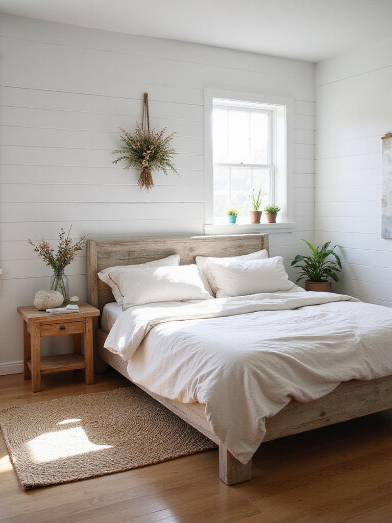 Farmhouse bedroom with natural elements and greenery