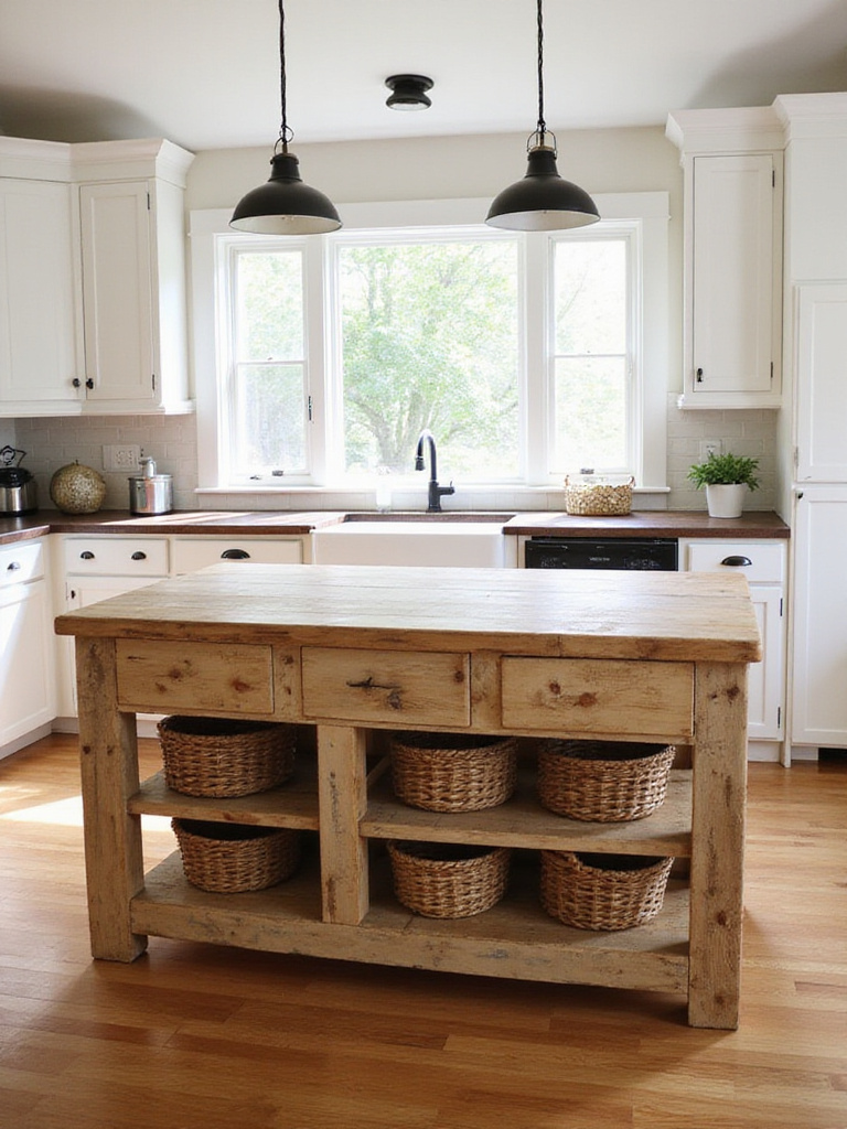Rustic DIY kitchen island made from reclaimed pallets with a butcher block countertop in a farmhouse kitchen.