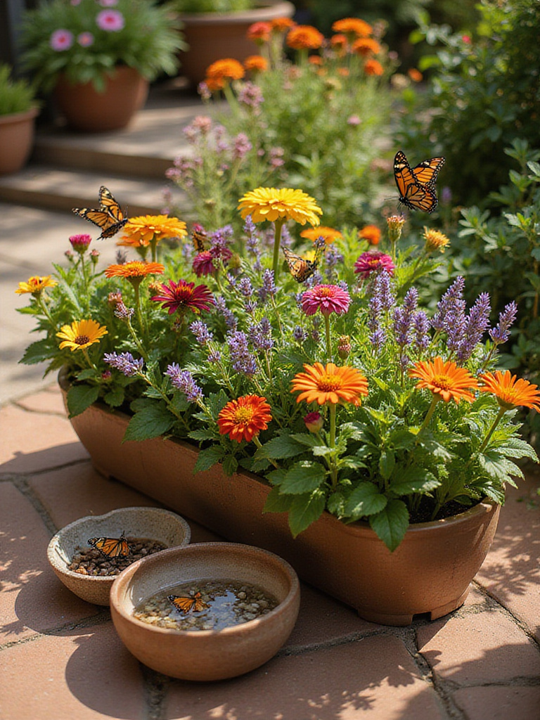 Butterfly-friendly patio garden with zinnias, lavender, and coneflowers attracting Monarch and Swallowtail butterflies.