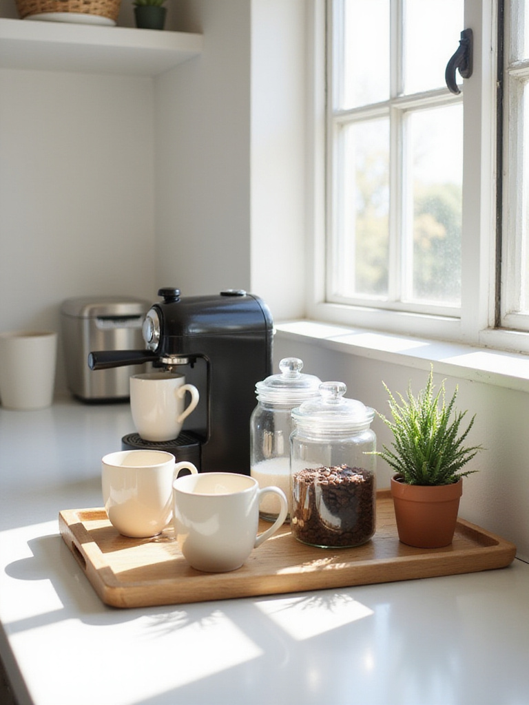 Cozy kitchen countertop coffee station with espresso machine, mugs, and canisters.