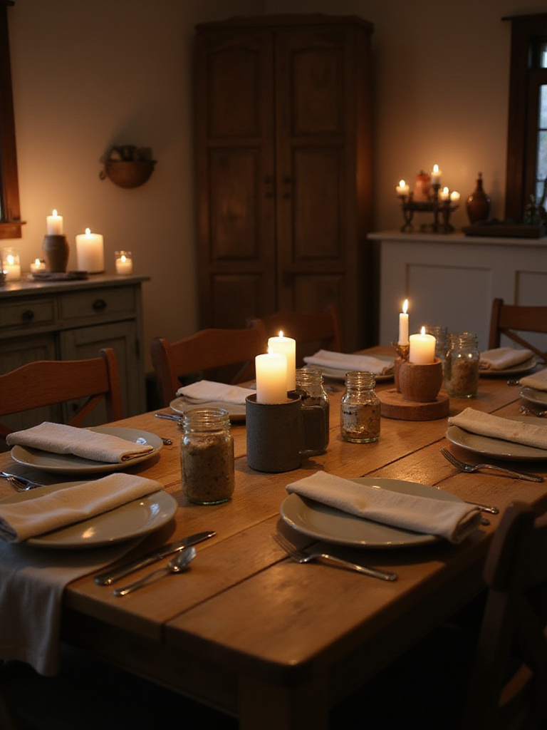 Cozy farmhouse dining room illuminated by the warm, flickering glow of candlelight on the table and buffet, creating an intimate and rustic atmosphere.