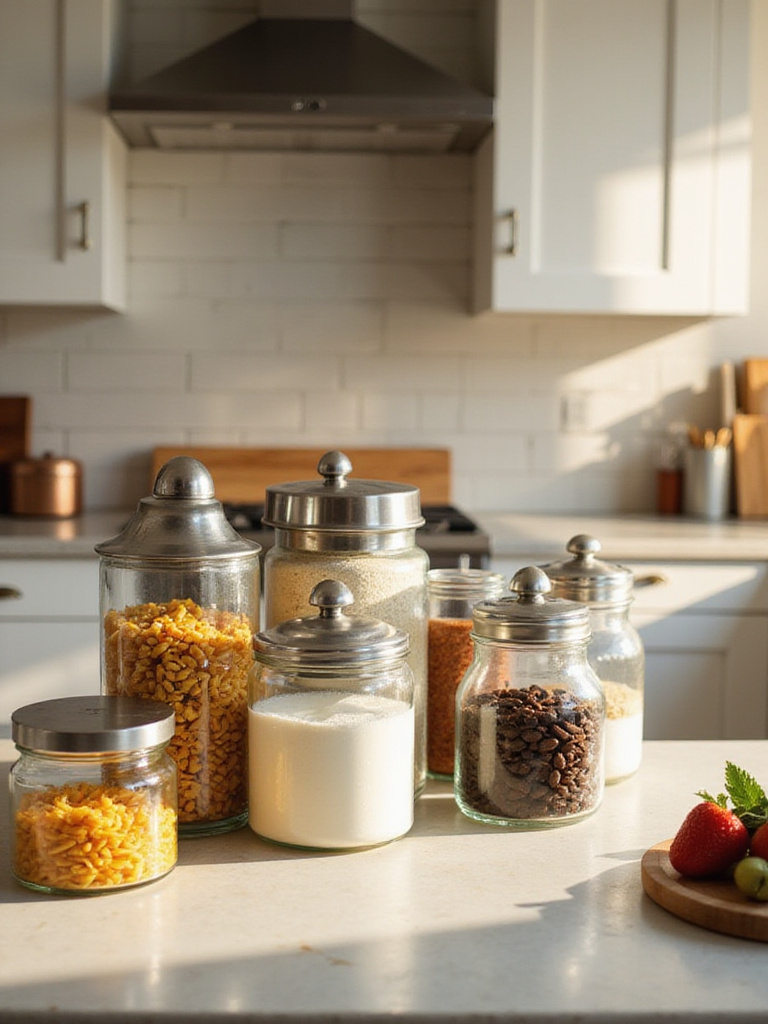 Stylish kitchen countertop decor featuring a collection of decorative canisters for storing kitchen staples.
