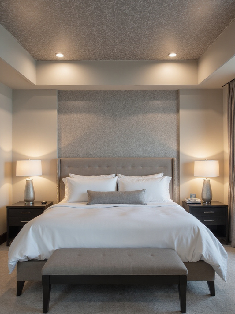 Master bedroom with geometric wallpaper on the ceiling.