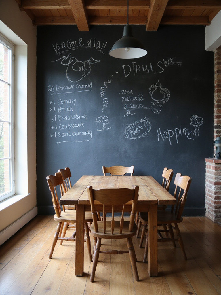 Farmhouse dining room featuring a large functional chalkboard wall with chalk drawings and writing above a rustic wooden dining table and chairs.