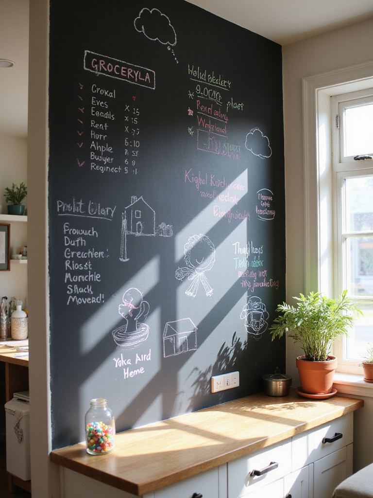 Kitchen with chalkboard wallpaper wall featuring colorful drawings and handwritten notes.