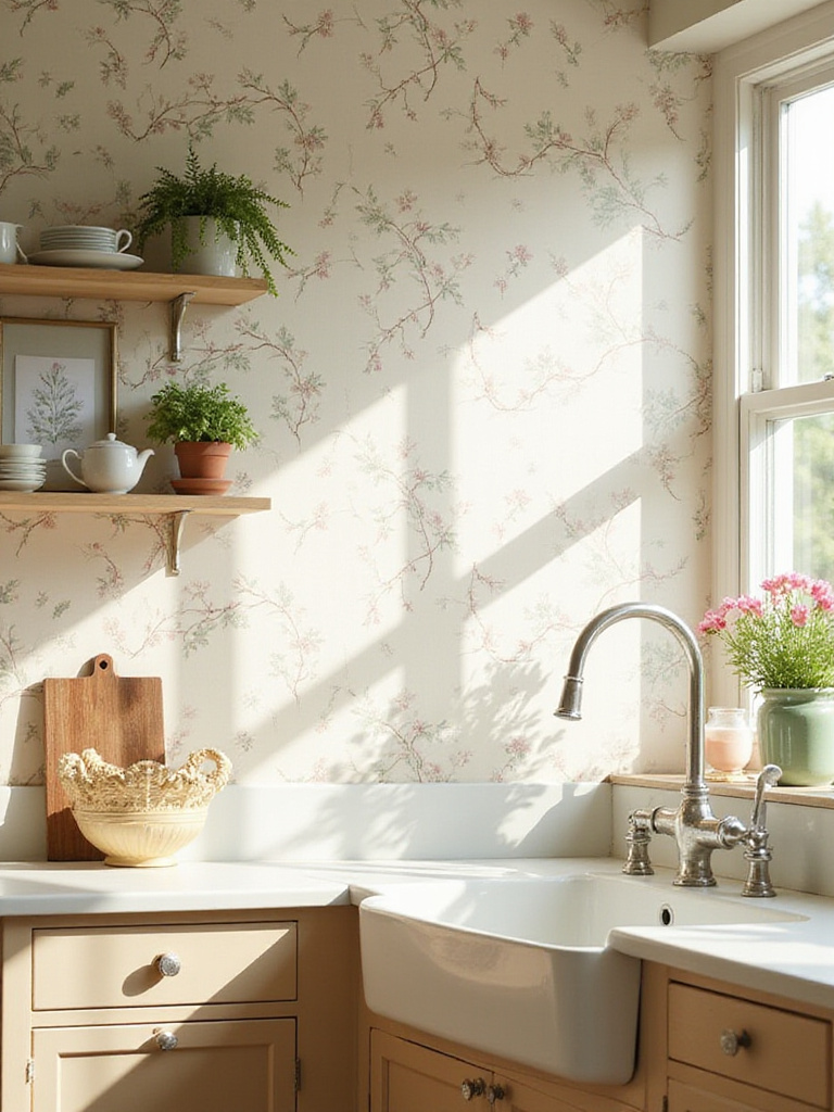 Cottagecore kitchen with charming floral wallpaper