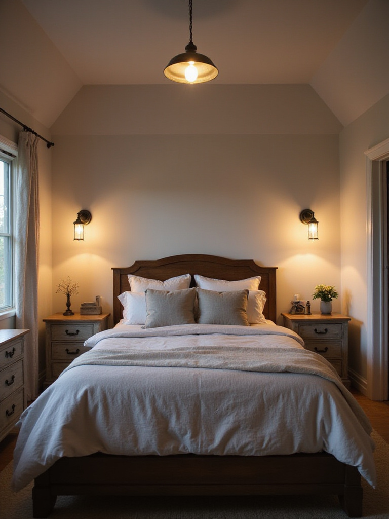 Farmhouse bedroom with vintage sconces and pendant lighting.
