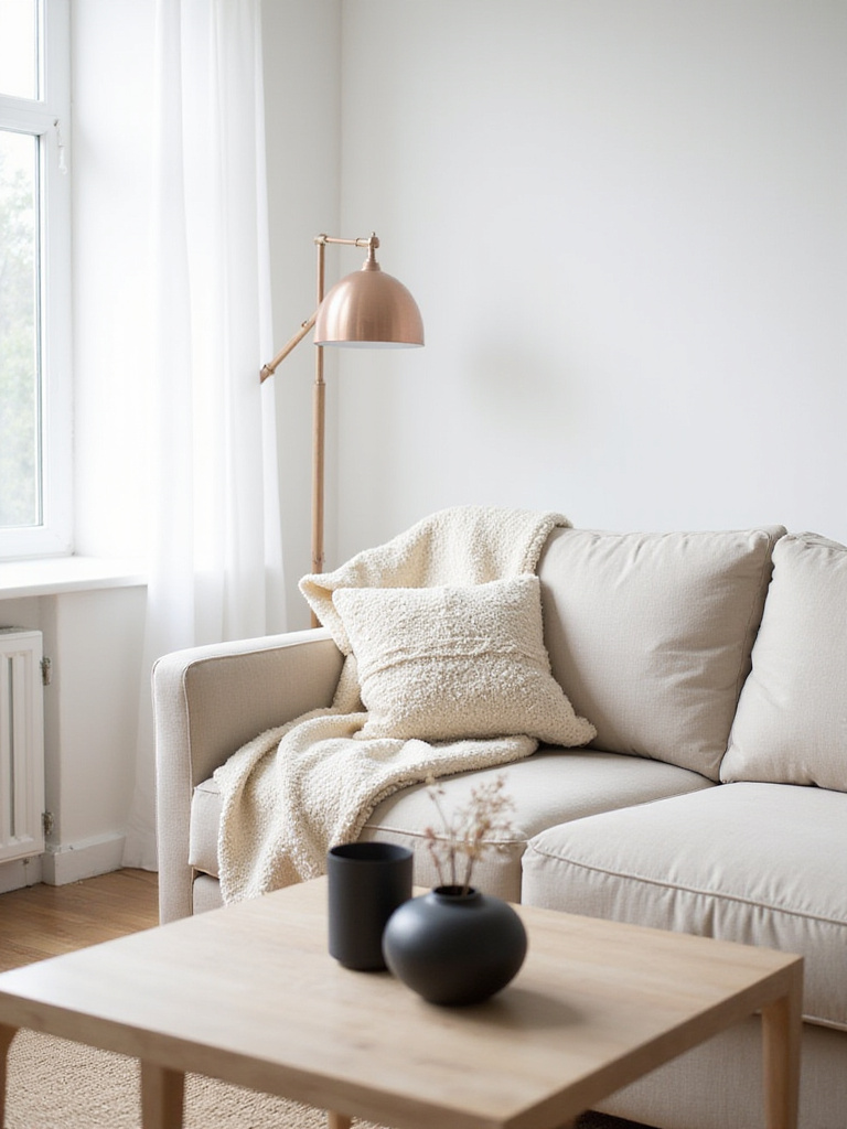 Minimalist living room with textured throw blanket and ceramic vase.