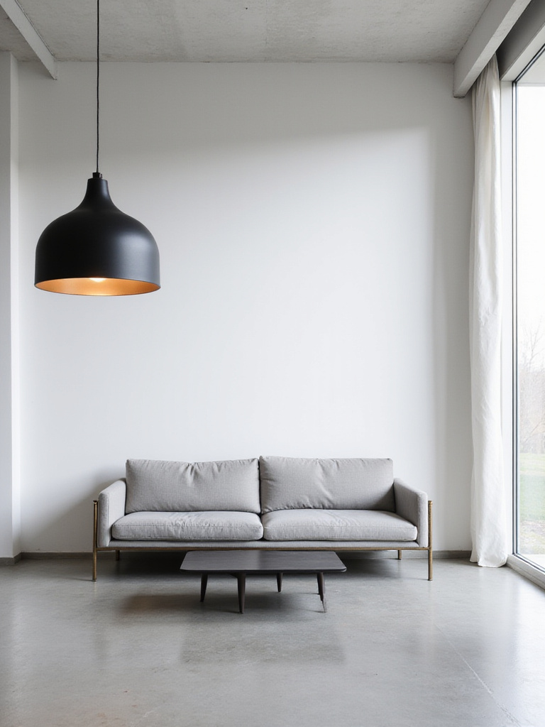 Minimalist living room featuring a statement pendant lamp