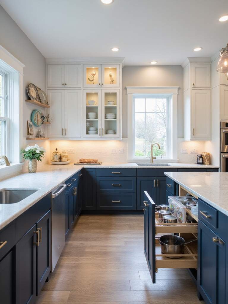 Modern kitchen with navy and white flat-panel cabinets showcasing various storage solutions like pull-out drawers and corner shelves.