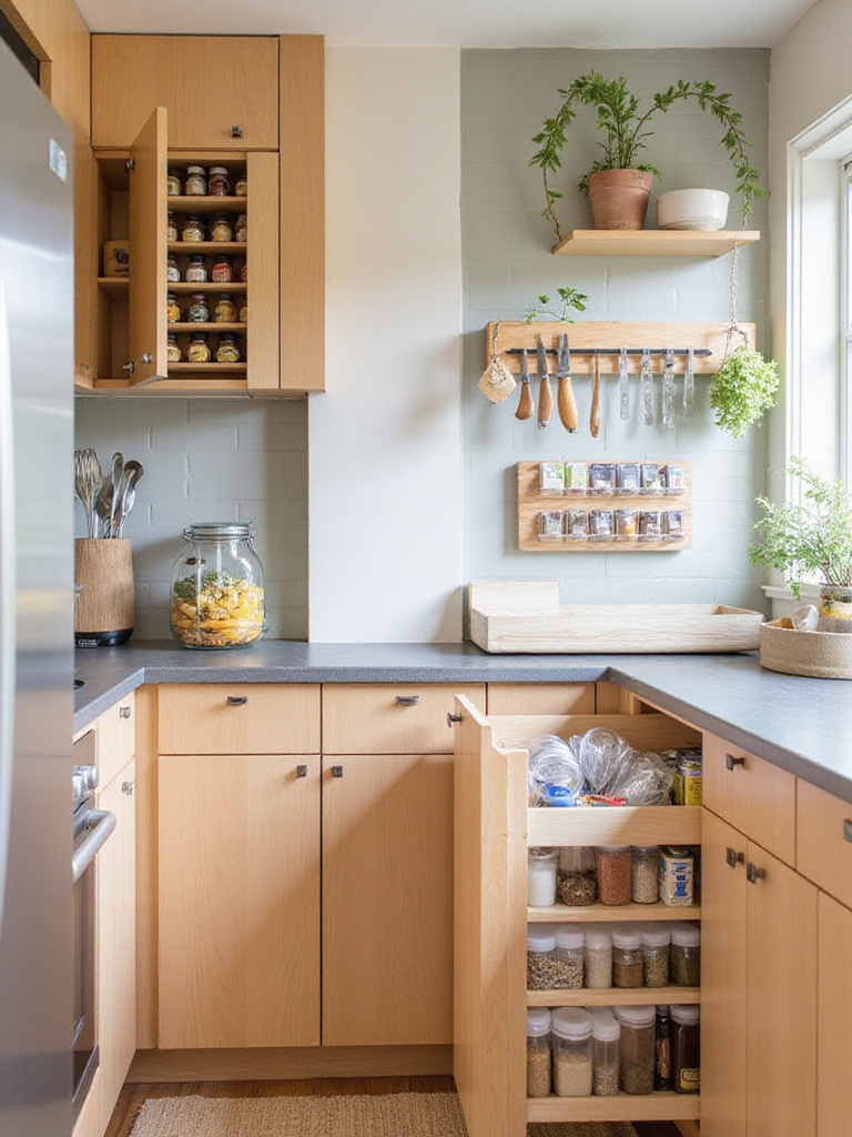 Small kitchen with clever storage solutions including pull-out spice rack, magnetic knife strip, and stackable containers