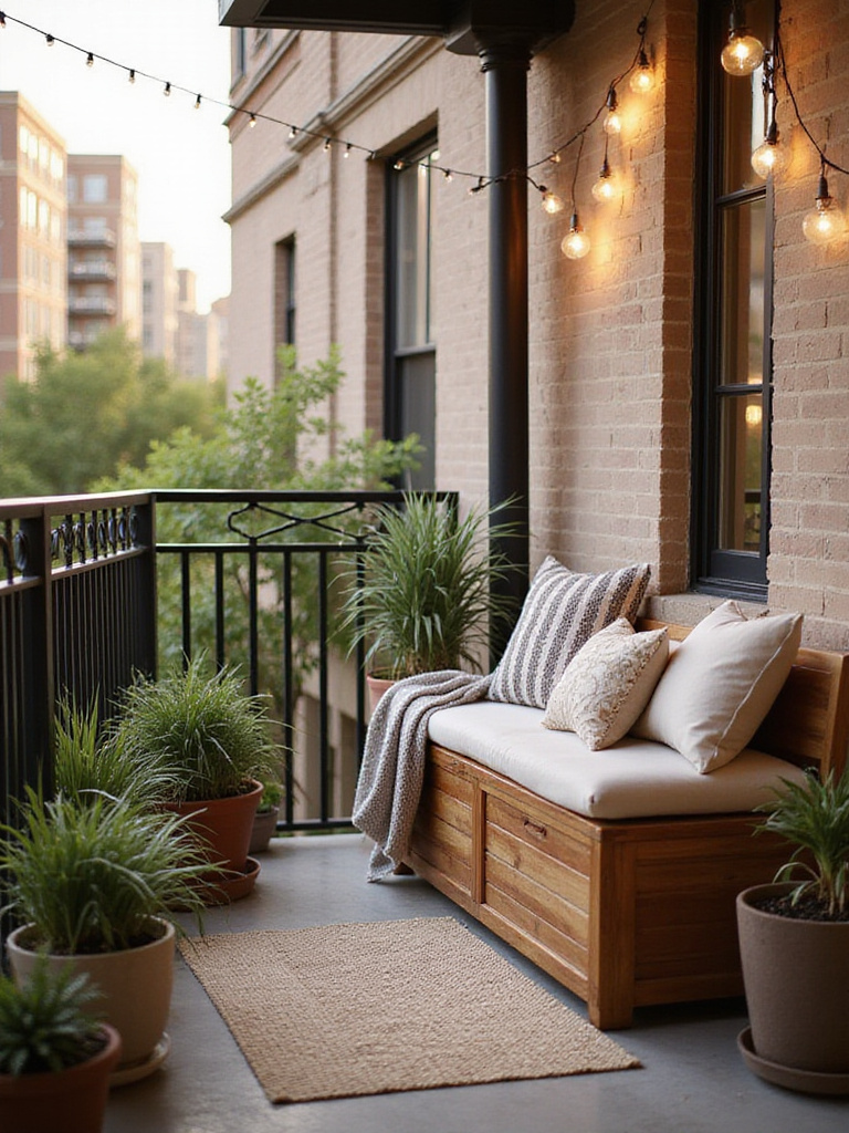 Balcony with wooden storage bench, potted plants, and string lights.
