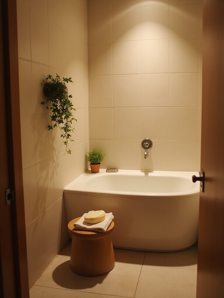 Small bathroom with a compact soaking tub, highlighting space-saving design and relaxation.