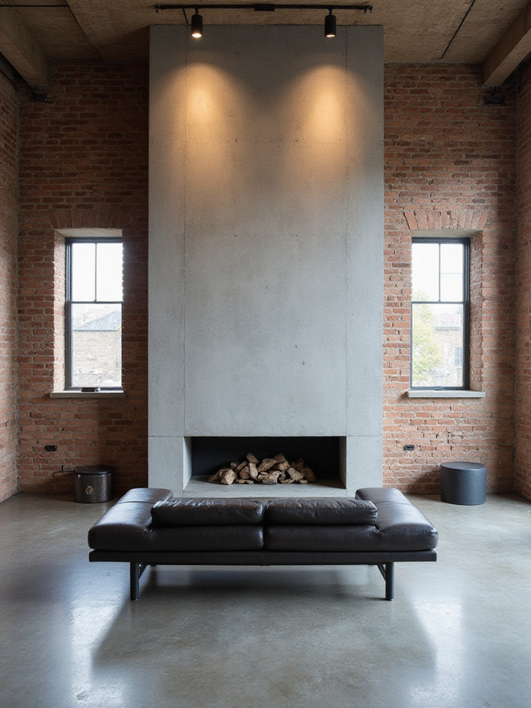 Industrial living room with a modern concrete fireplace.